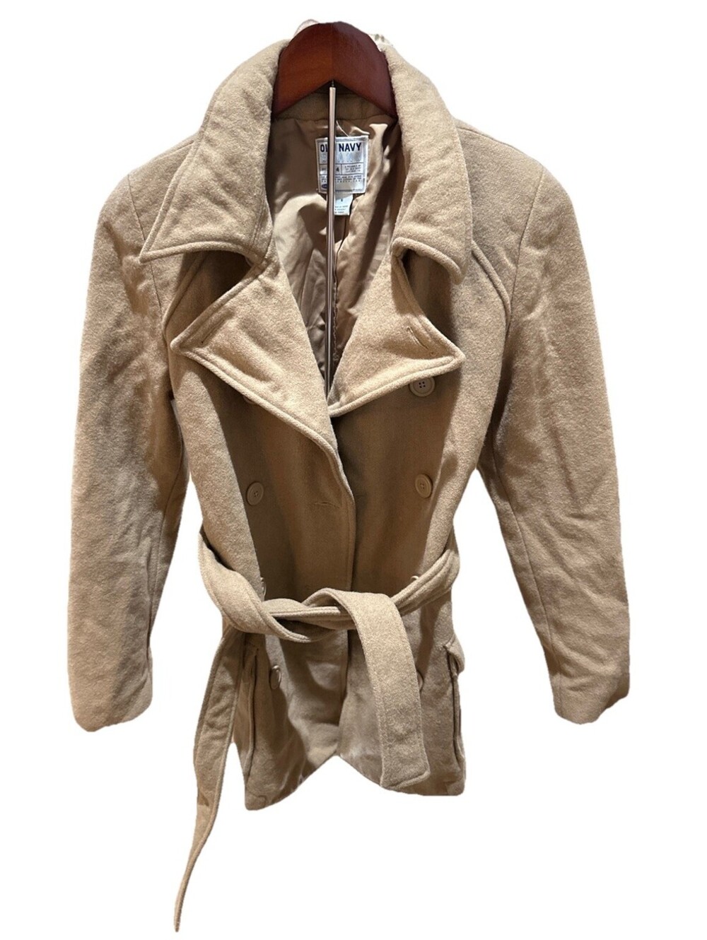 Old Navy Women’s Wool Blend Peacoat Small Camel Belted Double Breasted Coat